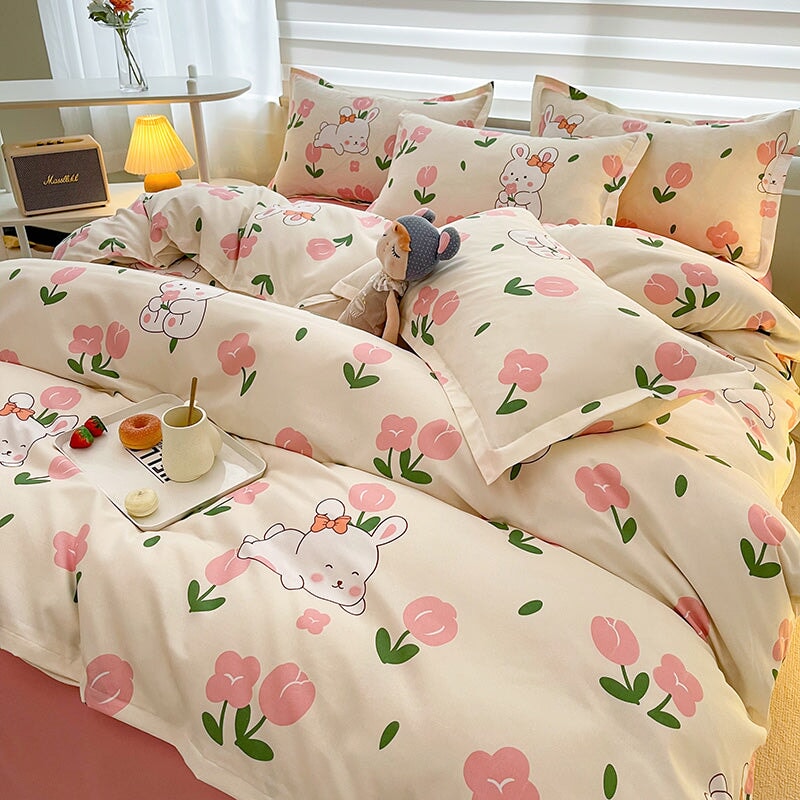 White Bunny Peach Flower Bedding Set-Kawaii Dream