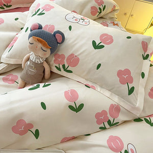 White Bunny Peach Flower Bedding Set-Kawaii Dream