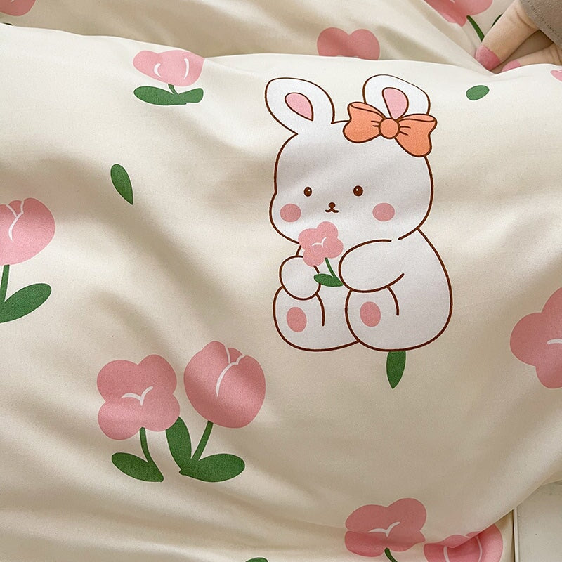 White Bunny Peach Flower Bedding Set-Kawaii Dream
