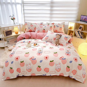 White Bunny Peach Flower Bedding Set-Kawaii Dream