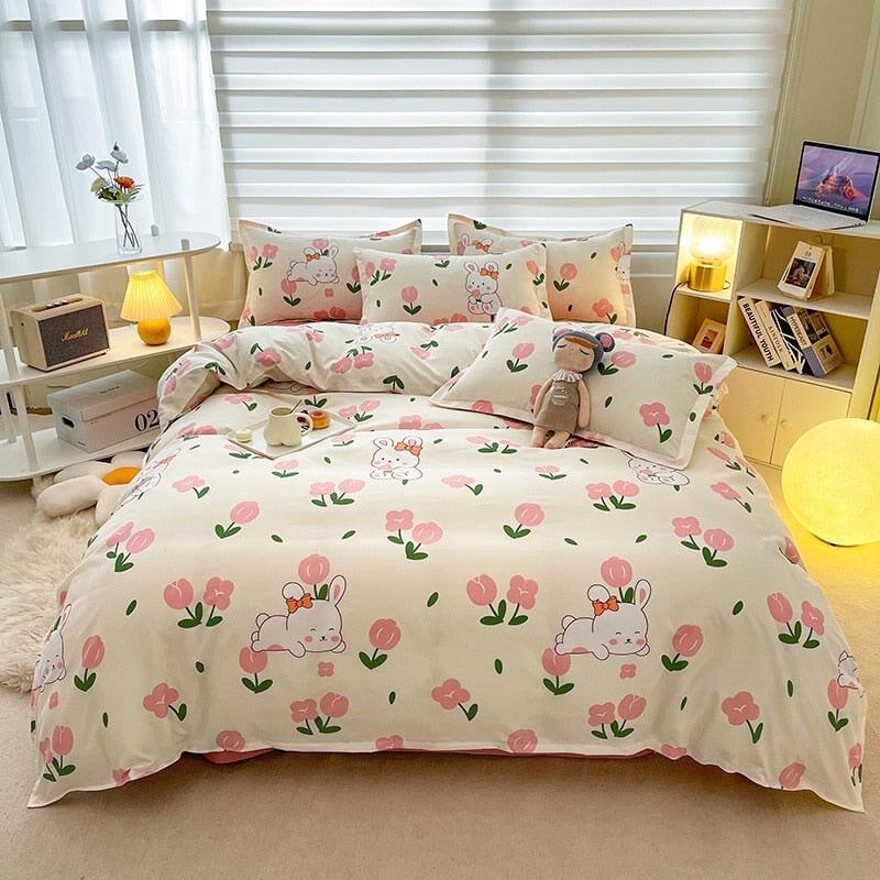 White Bunny Peach Flower Bedding Set-Kawaii Dream