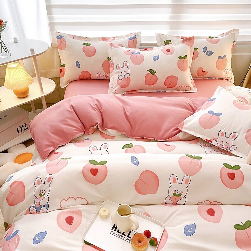 White Bunny Peach Flower Bedding Set-Kawaii Dream