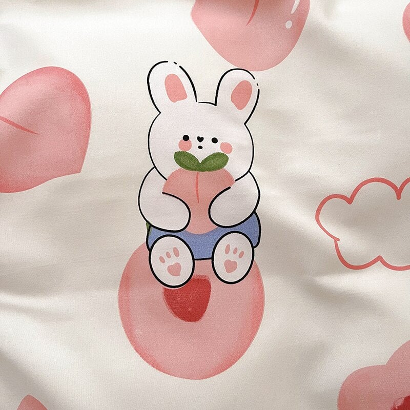 White Bunny Peach Flower Bedding Set-Kawaii Dream