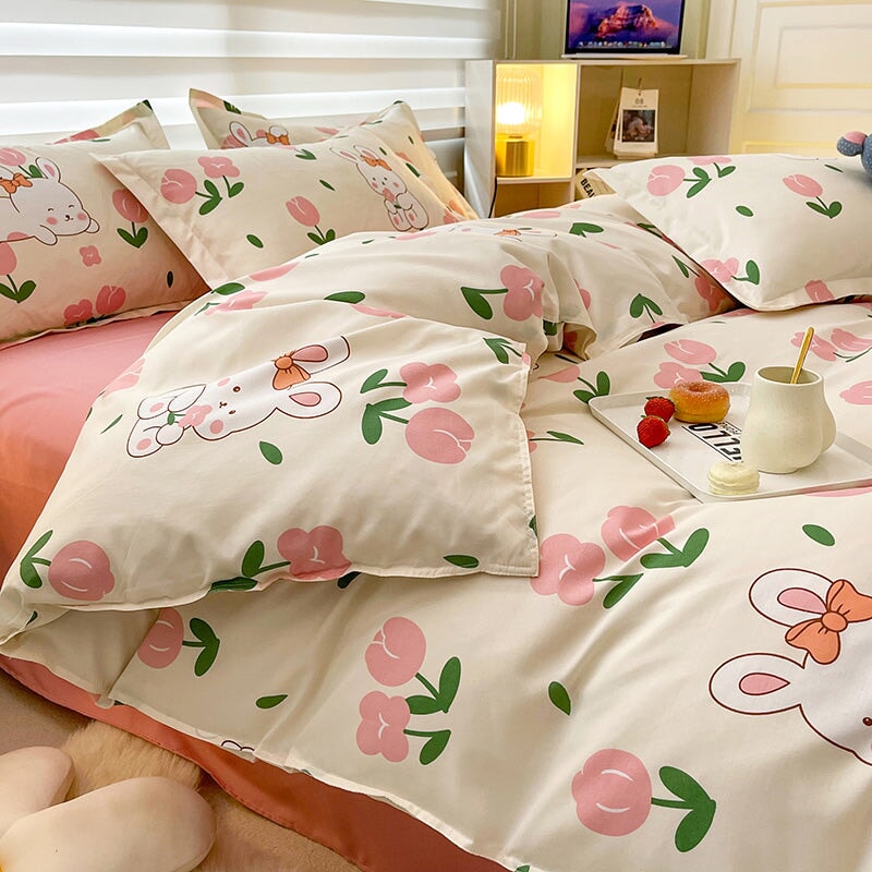 White Bunny Peach Flower Bedding Set-Kawaii Dream
