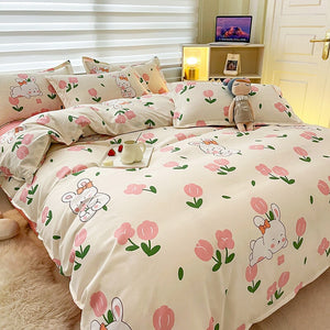 White Bunny Peach Flower Bedding Set-Kawaii Dream