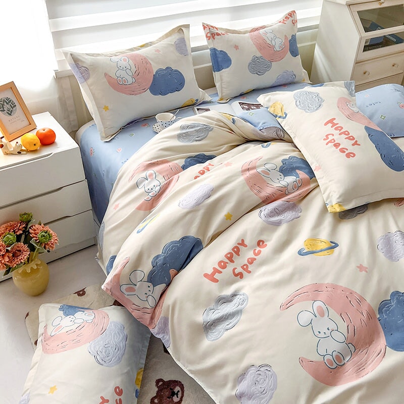 White Bunny Space Moon Bedding Set-Kawaii Dream