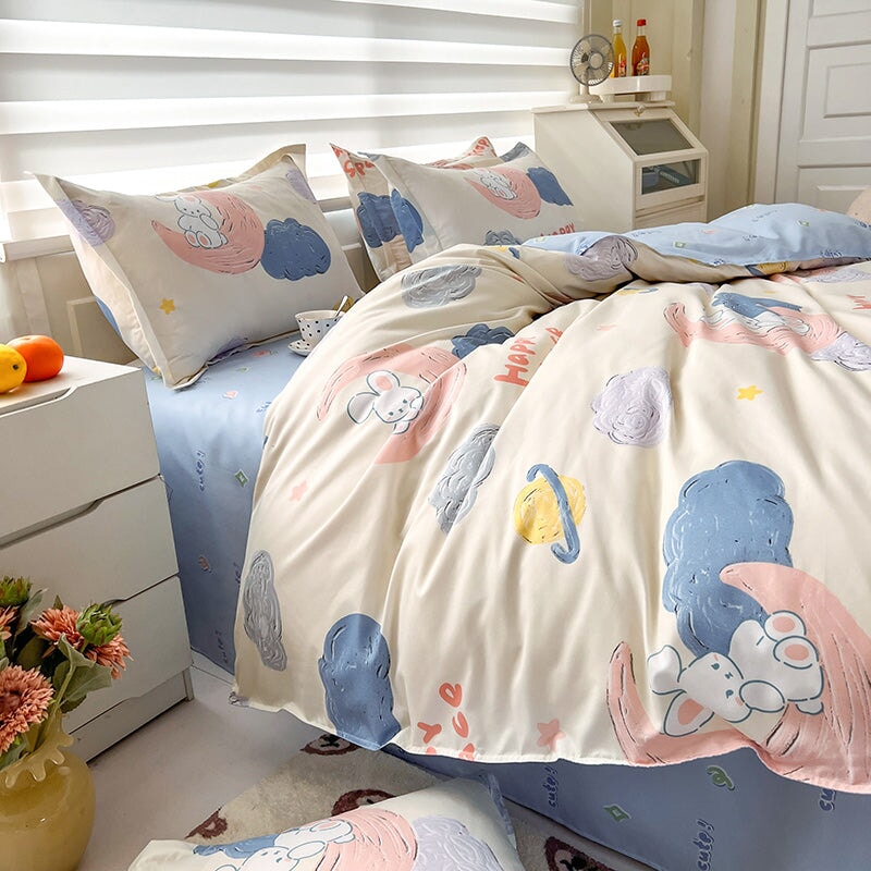 White Bunny Space Moon Bedding Set-Kawaii Dream