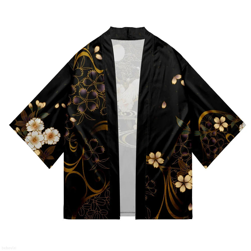 White Crane Sakura Black Unisex Kimono-Kawaii Dream