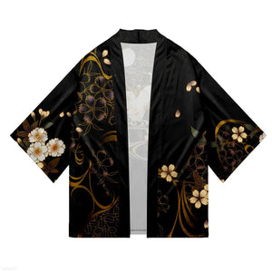 White Crane Sakura Black Unisex Kimono-Kawaii Dream