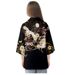 White Crane Sakura Black Unisex Kimono-Kawaii Dream