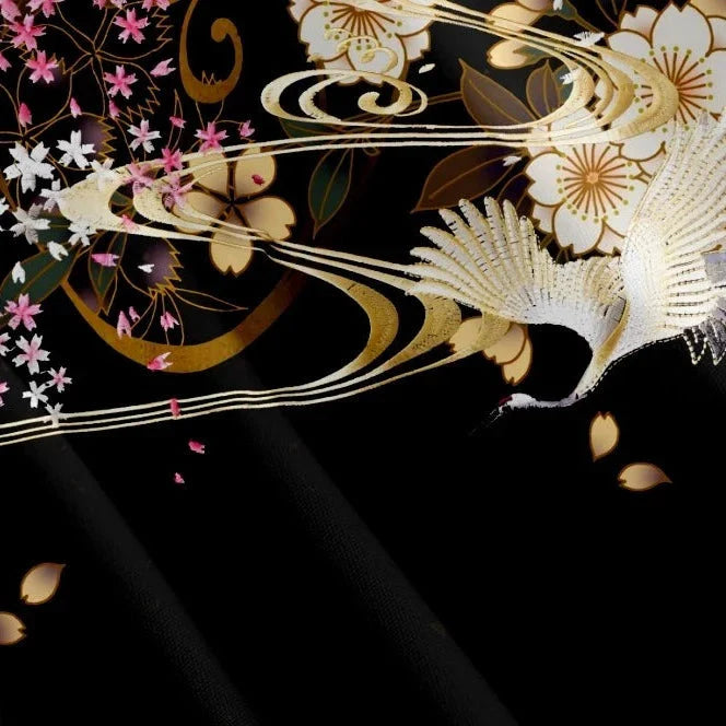 White Crane Sakura Black Unisex Kimono-Kawaii Dream