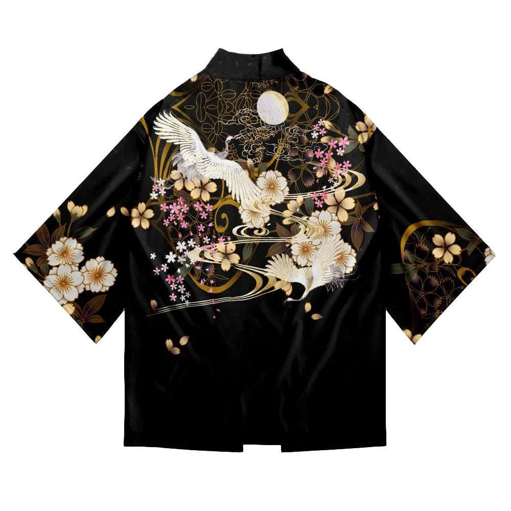 White Crane Sakura Black Unisex Kimono-Kawaii Dream