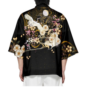 White Crane Sakura Black Unisex Kimono-Kawaii Dream