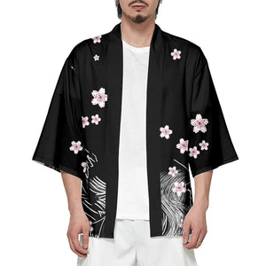 White Fox Mask Sakura Unisex Black Kimono-Kawaii Dream
