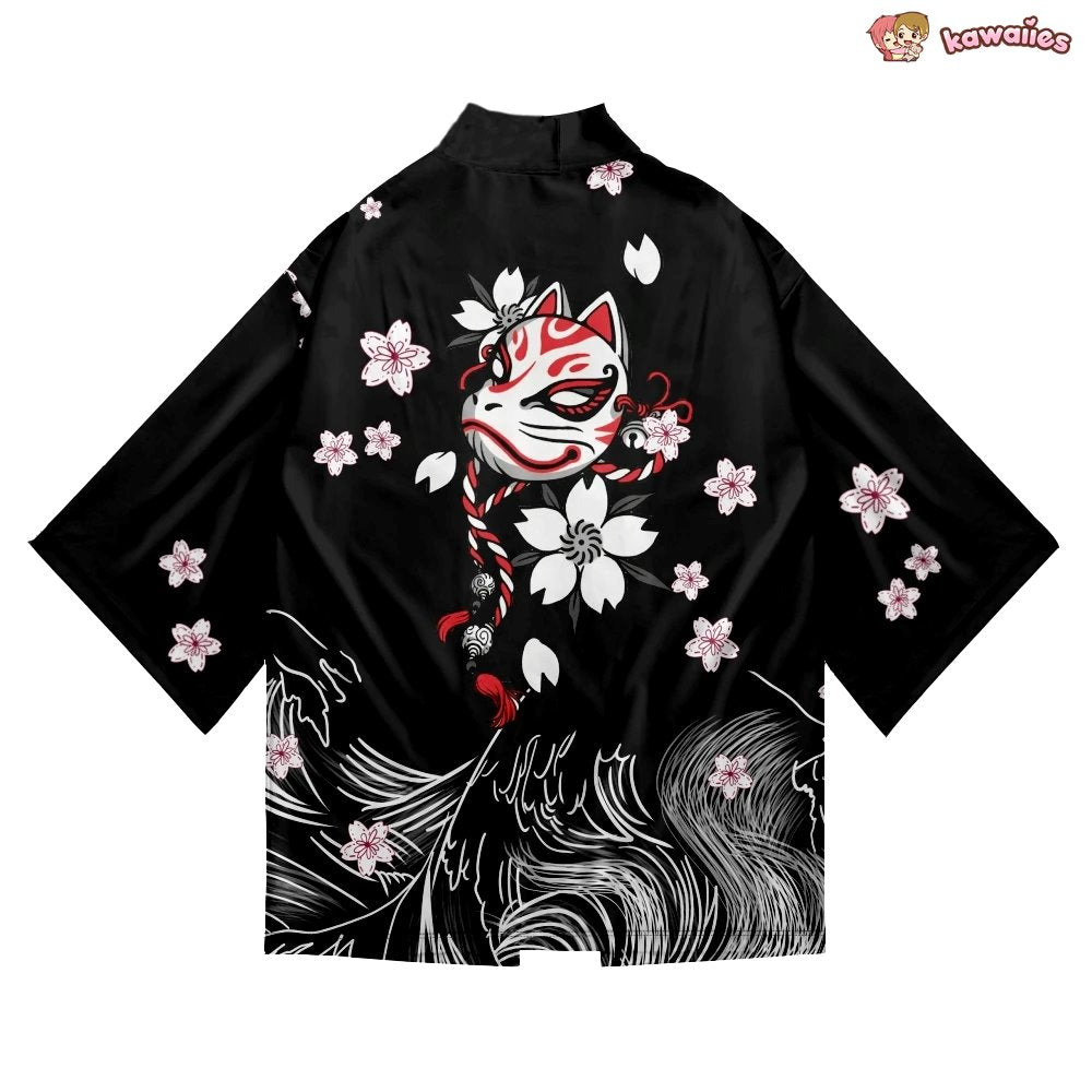 White Fox Mask Sakura Unisex Black Kimono-Kawaii Dream