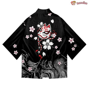 White Fox Mask Sakura Unisex Black Kimono-Kawaii Dream