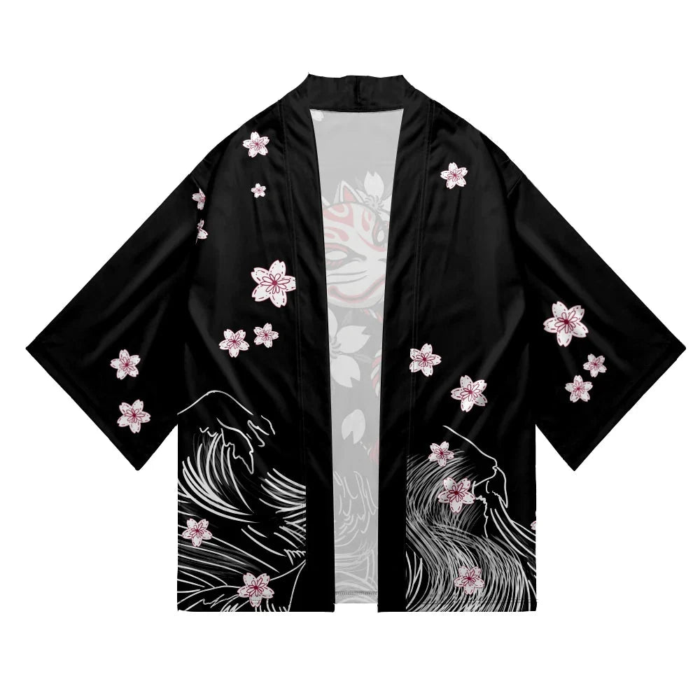 White Fox Mask Sakura Unisex Black Kimono-Kawaii Dream