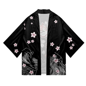 White Fox Mask Sakura Unisex Black Kimono-Kawaii Dream