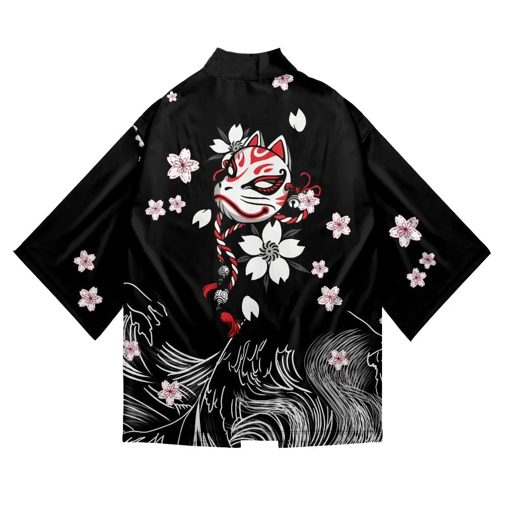 White Fox Mask Sakura Unisex Black Kimono-Kawaii Dream