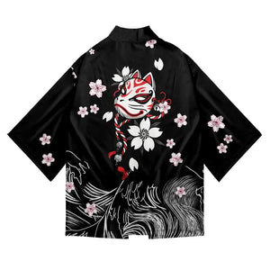 White Fox Mask Sakura Unisex Black Kimono-Kawaii Dream