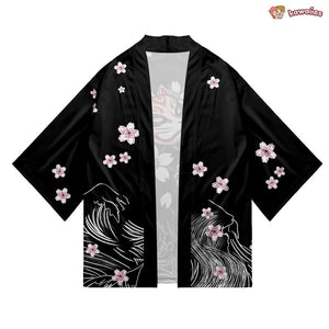 White Fox Mask Sakura Unisex Black Kimono-Kawaii Dream