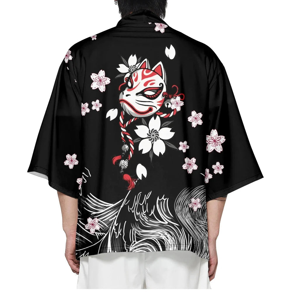 White Fox Mask Sakura Unisex Black Kimono-Kawaii Dream