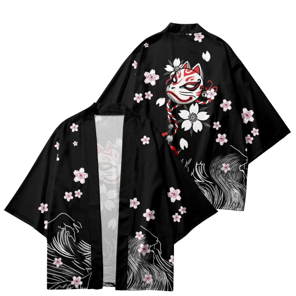 White Fox Mask Sakura Unisex Black Kimono-Kawaii Dream