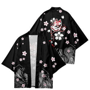 White Fox Mask Sakura Unisex Black Kimono-Kawaii Dream