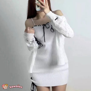 White Knitted Two Piece Set Women's Cardigan Dress-Kawaii Dream