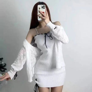 White Knitted Two Piece Set Women's Cardigan Dress-Kawaii Dream
