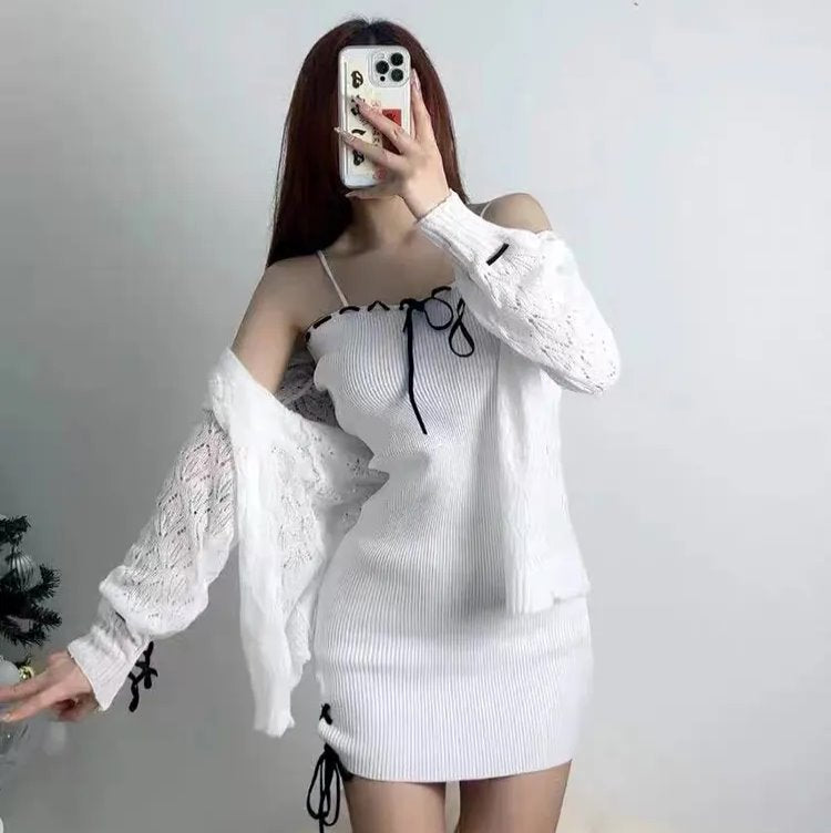 White Knitted Two Piece Set Women's Cardigan Dress-Kawaii Dream