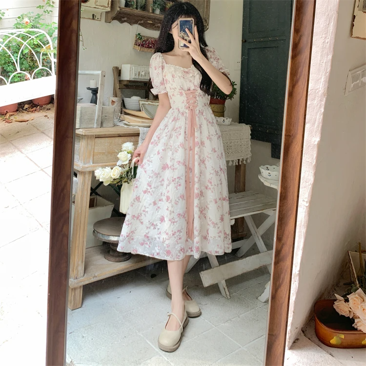 White Pink Cottage Lace Milkmaid Dress-Kawaii Dream