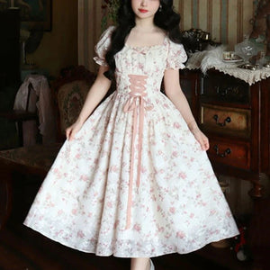 White Pink Cottage Lace Milkmaid Dress-Kawaii Dream