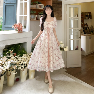White Pink Cottage Lace Milkmaid Dress-Kawaii Dream