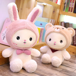 White Teddy with Bunny Bear Dinosaur Hat Plushie-Kawaii Dream