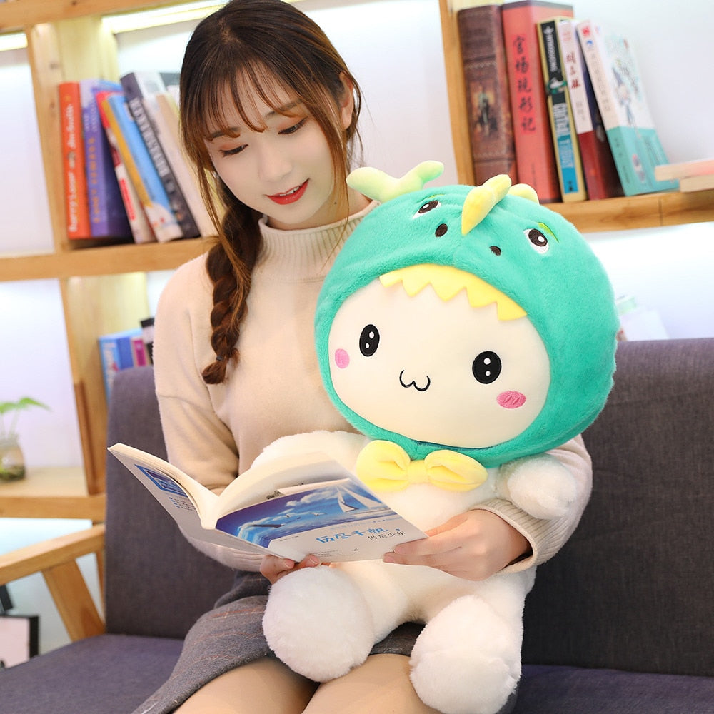 White Teddy with Bunny Bear Dinosaur Hat Plushie-Kawaii Dream
