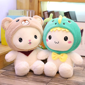 White Teddy with Bunny Bear Dinosaur Hat Plushie-Kawaii Dream