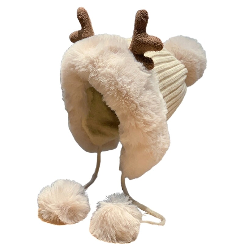 Winter Faux Fur Reindeer Beanie Hat-Kawaii Dream