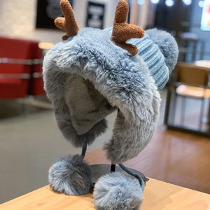 Winter Faux Fur Reindeer Beanie Hat-Kawaii Dream