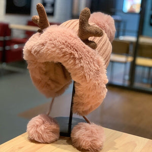 Winter Faux Fur Reindeer Beanie Hat-Kawaii Dream