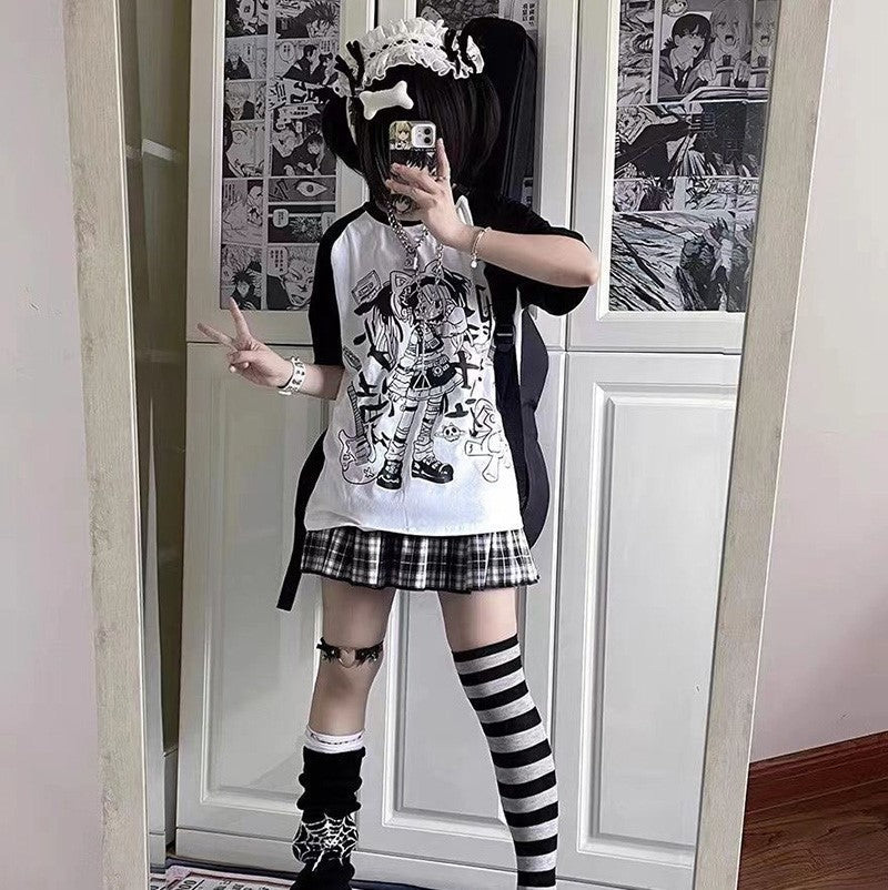 Y2K Harajuku Anime Punk Girl Black Blue Women's Top Tee-Kawaii Dream