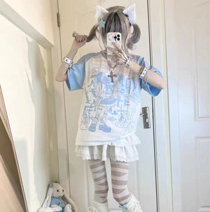 Y2K Harajuku Anime Punk Girl Black Blue Women's Top Tee-Kawaii Dream