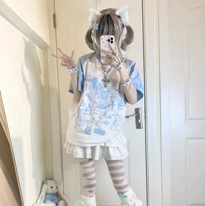 Y2K Harajuku Anime Punk Girl Black Blue Women's Top Tee-Kawaii Dream