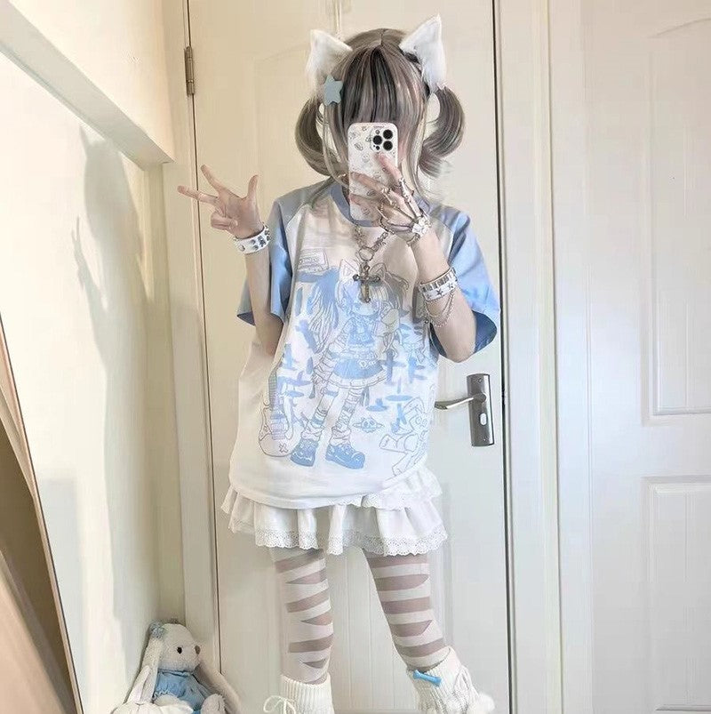 Y2K Harajuku Anime Punk Girl Black Blue Women's Top Tee-Kawaii Dream