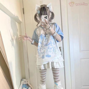 Y2K Harajuku Anime Punk Girl Black Blue Women's Top Tee-Kawaii Dream