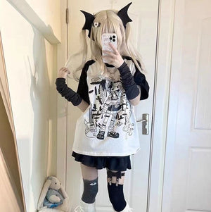 Y2K Harajuku Anime Punk Girl Black Blue Women's Top Tee-Kawaii Dream