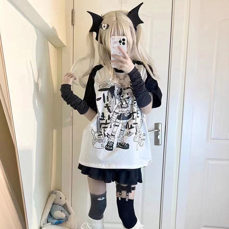 Y2K Harajuku Anime Punk Girl Black Blue Women's Top Tee-Kawaii Dream