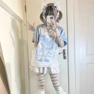 Y2K Harajuku Anime Punk Girl Black Blue Women's Top Tee-Kawaii Dream