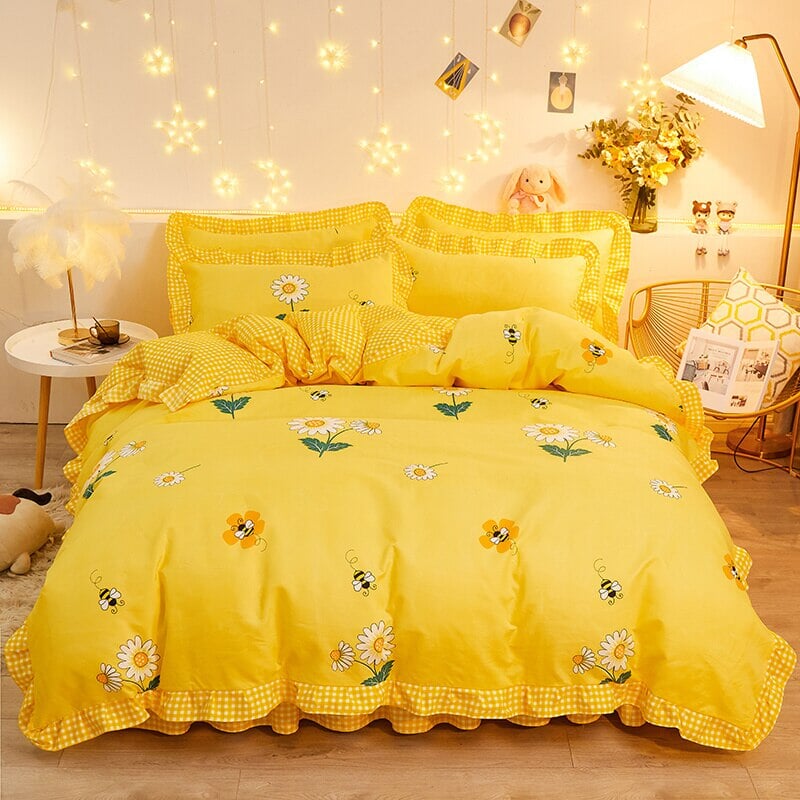 Yellow Floral Bedding Set Collection with Bed Sheet-Kawaii Dream