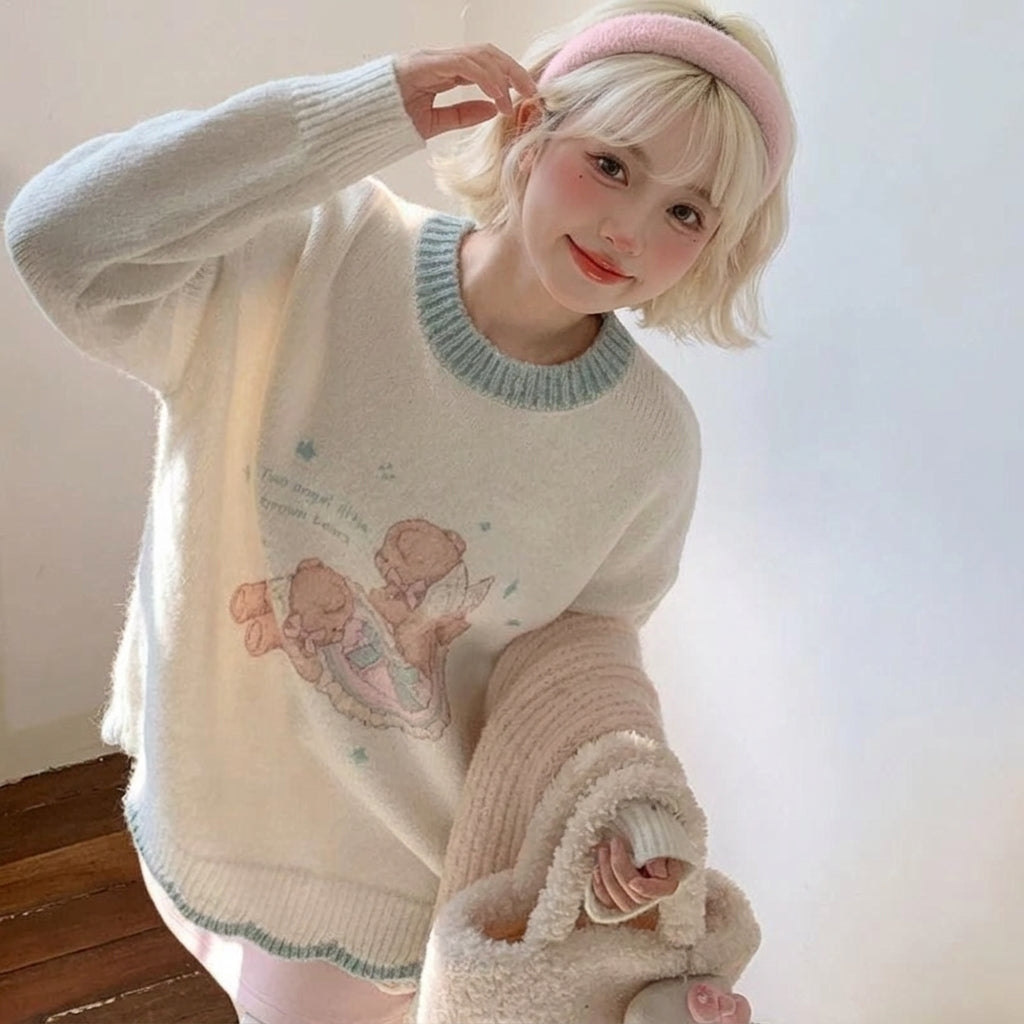 kawaii cream knit sweater angel bear print pastel mint trim cutecore front view model